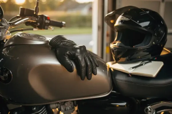 Leren motorhandschoen op brandstoftank van geparkeerde motor, met notitieboekje en pen op zadel naast helm in warme middaglichtval.
