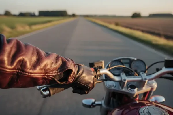 Leren handschoen op motorstuur bij zonsondergang, met Belgisch plattelandsweg op de achtergrond en warme gouden lichtval.