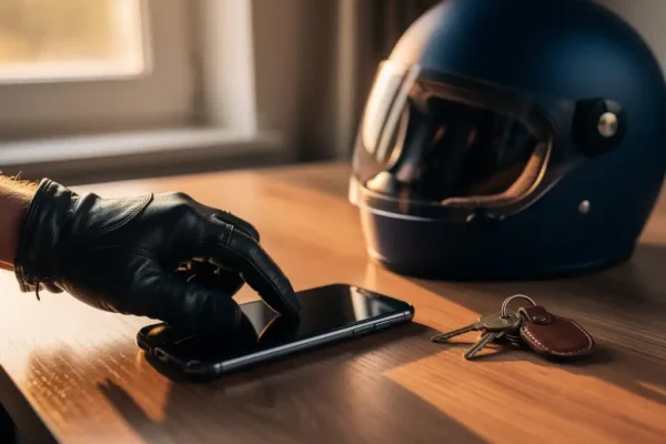 Leren handschoen van motorrijder die persoonlijke gegevens bijwerkt op smartphone, helm en sleutels op houten bureau.