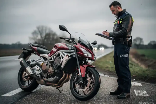Politieagent schrijft boete naast geparkeerde motorfiets langs Belgische weg onder bewolkte grijze lucht.