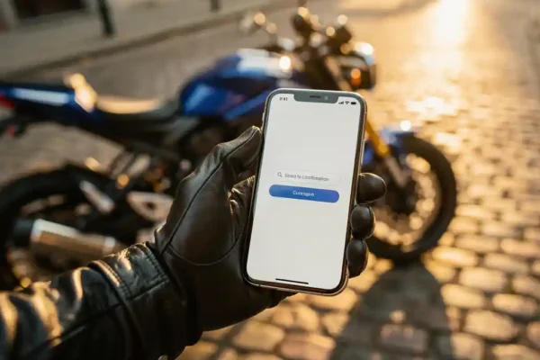 Motorrijder met leren handschoen houdt smartphone vast op Belgische kasseienstraat, motor op de achtergrond in warm middaglicht.