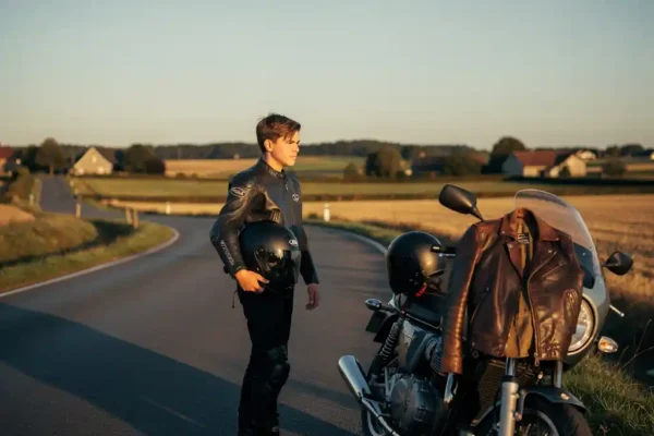 Jonge motorrijder in volledige uitrusting naast een klassieke toermotor op een Belgische landweg in gouden avondlicht.