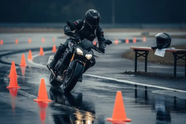 Motorrijder in beschermende uitrusting oefent lage snelheidsmanoeuvre op nat oefenterrein met oranje pionnen.