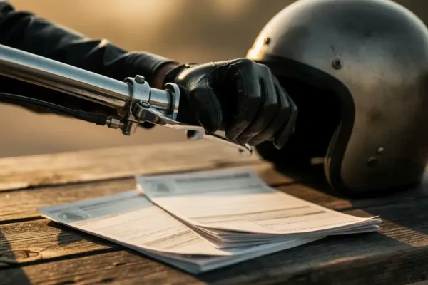 Motorrijder met leren handschoen op stuur naast twee opengeslagen verzekeringsdocumenten en helm op houten tafel.