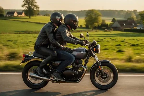 Twee motorrijders in leren jassen en helmen rijden samen over een schilderachtige weg door het Belgische platteland bij gouden avondlicht.
