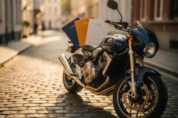 Glanzende motorfiets op Belgische kinderkopjes met drie gekleurde verzekeringsdossiers op de zadel, gouden middaglicht.