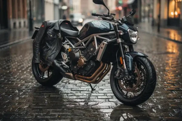 Glanzende motorfiets geparkeerd op een regennat Belgisch straatje met kasseien, lederen rijjas over het zadel, diffuus daglicht.