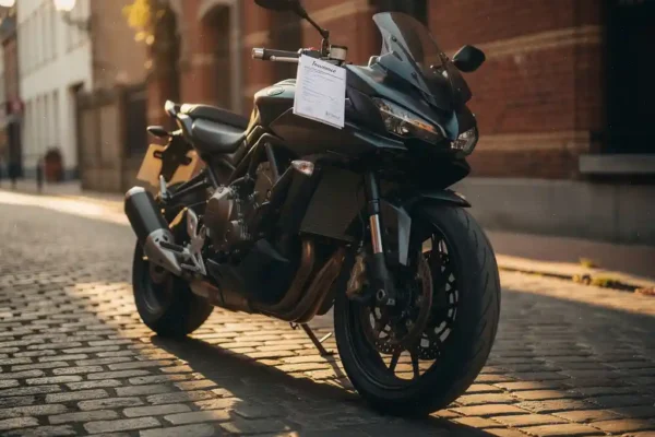 Motorfiets geparkeerd op Belgische kasseien met verzekeringsdocument onder het stuur, gouden middaglicht en bakstenen gevel op de achtergrond.