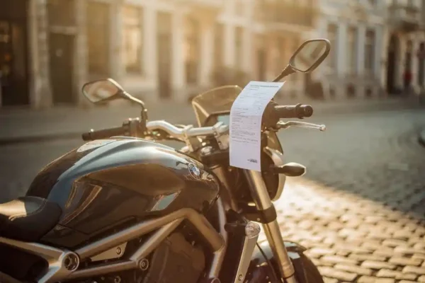Glanzende motorfiets op Belgische kasseien met verzekeringsdocument onder het stuur, warm middaglicht en klassieke architectuur op de achtergrond.