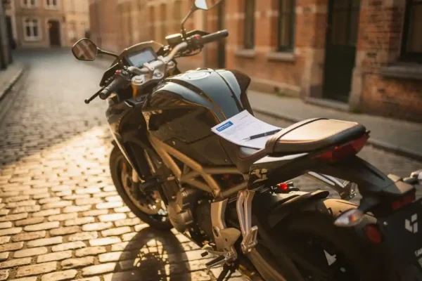 Glimmende motorfiets op Belgische kasseienstraat met verzekeringsdocument en pen op het lederen zadel, warm middaglicht.