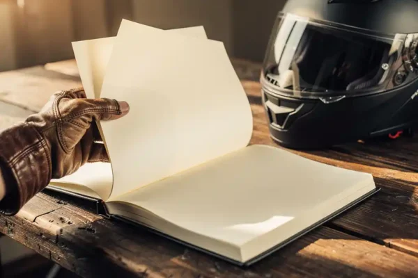 Leren motorhandschoen bladert door een verzekeringsDocument op houten bureau, motorhelm ernaast, warm middaglicht.