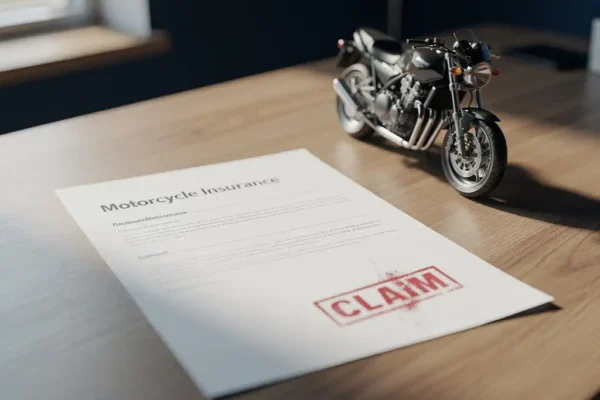 Motorverzekeringsdocument op bureau naast miniatuurmotor met rood waarschuwingsstempel, Belgisch verzekeringskantoor.