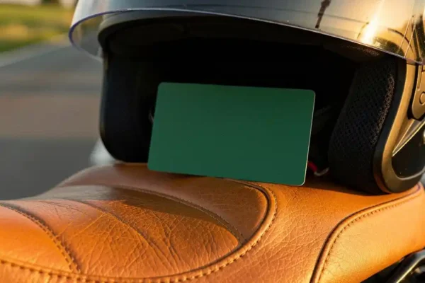 Groene verzekeringsbewijs zichtbaar in het vizier van een motorhelm op een lederen zadel, Belgisch platteland op de achtergrond.