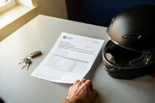 Hand die een motorverzekeringspolis aanpast op een bureau naast sleutels en een helm, Belgisch kantoor.