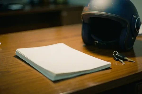 Motorverzekeringspolis op houten bureau naast klassieke motorhelm en sleutels, warm kantoorlicht met navy en amber tinten.