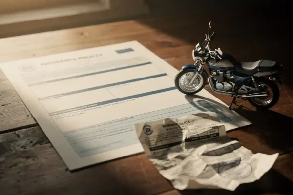 Motorverzekeringspolis op houten bureau naast miniatuurmotor en verkreukelde reparatienota, warm natuurlijk licht.