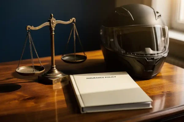 Verweerde bronzen weegschaal op gepolijst eiken bureau naast verzekeringsdocumenten en motorhelm, warm amberkleurig licht.