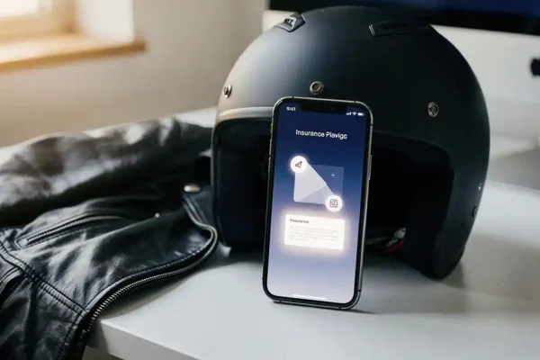 Smartphone met verzekeringsdocument op motorhelm, leren jas op bureau, zacht natuurlijk licht.