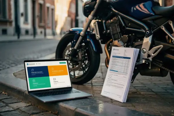 Motorfiets naast laptop met verzekeringsvergelijkingssite en polisdocumenten, Belgische stadsstraat op de achtergrond.