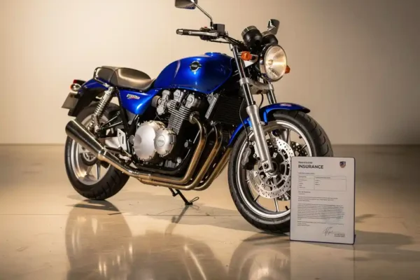 Gloednieuwe motorfiets in showroom naast verzekeringsdocument, kobaltblauw en zilver, glanzend chroom op betonnen vloer.