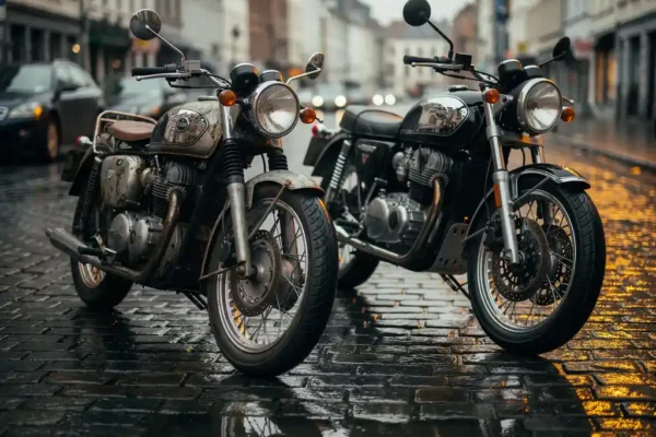 Verouderde vintage motorfiets naast gloednieuw showroommodel op natte Belgische kasseienstraat, warm amberkleurig licht weerspiegeld in natte stenen.