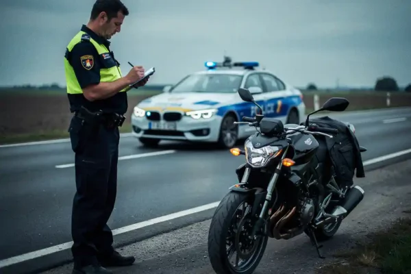 Politieagent schrijft een verkeersboete naast een geparkeerde motor langs de Belgische weg, patrouillewagen op de achtergrond.