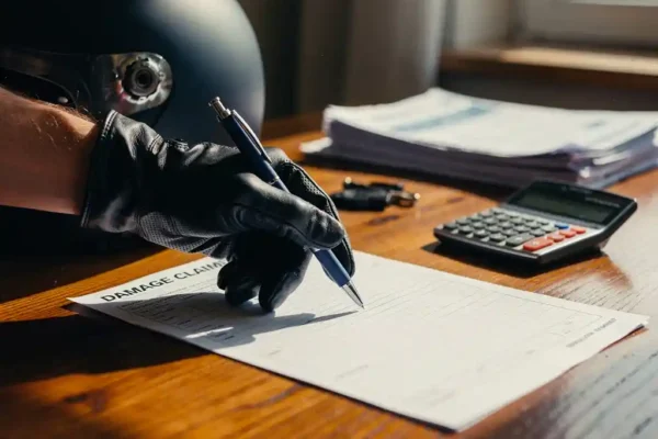 Motorrijder met gehandschoende hand boven schadeclaim formulier, beschadigde helm en verzekeringsdocumenten op houten bureau.