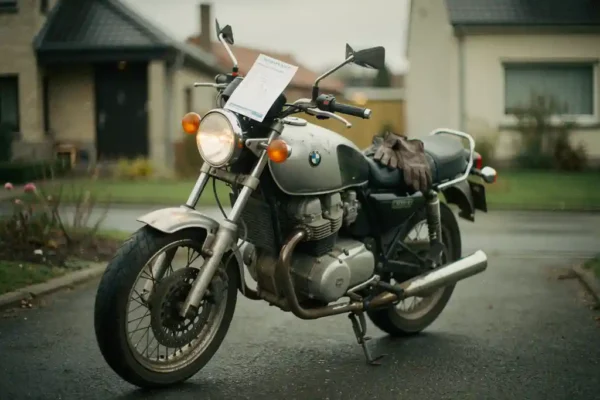 Tweedehands motor op oprit met verkoopsdocument onder het stuur en leren handschoenen op het zadel, bewolkt Belgisch daglicht.