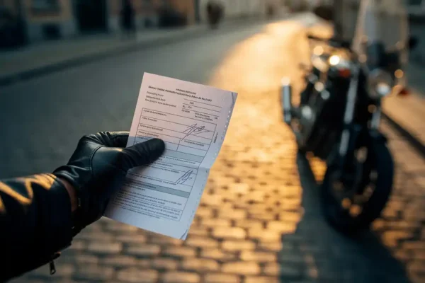 Leren handschoen houdt ondertekend verzekeringsdocument vast naast geparkeerde motor op Belgische kasseienstraat in warm middaglicht.