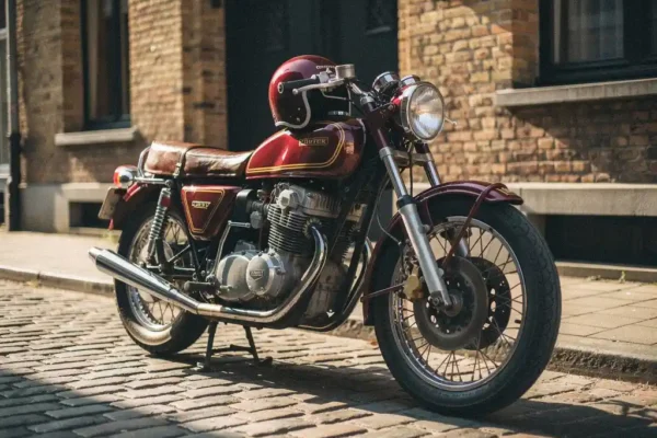 Vintage jaren 70 motorfiets op zonnig Belgisch kasseienstraatje met versleten leren zadel, chromen details en klassieke helm op de tank.