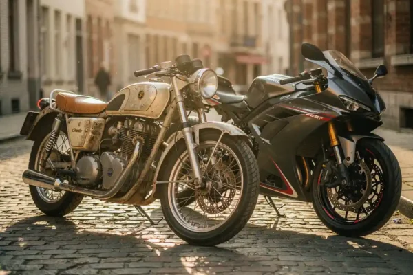 Vintage motorfiets naast moderne sportmotor op Belgische kasseienstraat, warm goudlicht benadrukt contrast tussen verouderd chroom en strak koetswerk.