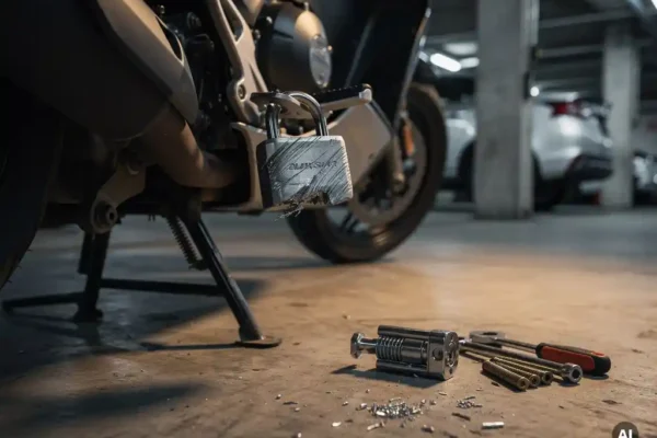 Beschadigd motorslot met krassen en breeksporen op een geparkeerde motor in een stedelijke garage, vervangend slot en gereedschap op de betonvloer.
