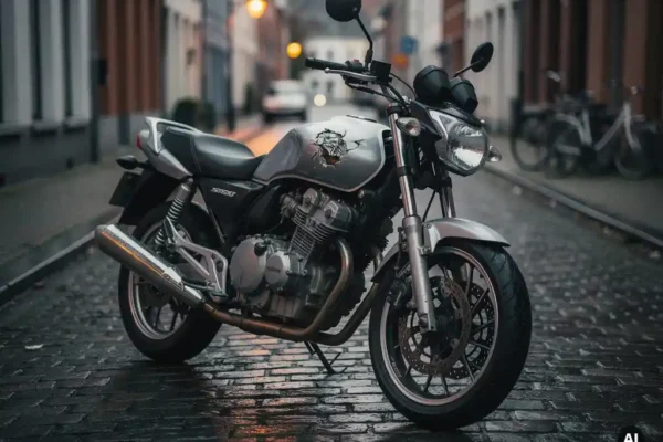 Beschadigde motorfiets op een verlaten Belgische straat met deuk en krassen op de benzinetank, zacht overcast licht.