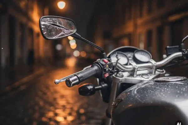 Beschadigde motor met gebroken zijspiegel en braaksporen op het stuurslot, geparkeerd op natte kasseien met oranje straatverlichting.