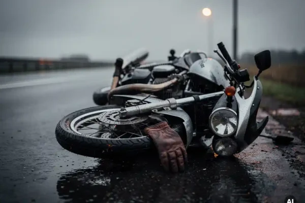 Omgevallen motorfiets op natte Belgische weg met verkreukeld koetswerk, gekrast chroom en een versleten leren handschoen bij het stuur.