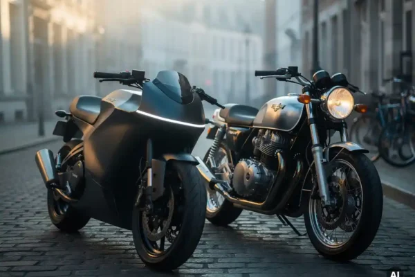 Elektrische motorfiets en klassieke benzinemotor zij aan zij op een Belgische stadsstraat in gouden ochtendlicht.