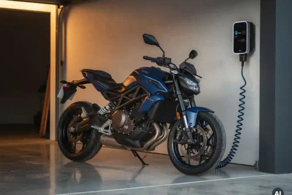 Elektrische motorfiets aangesloten op thuislaadstation via opgerold laadkabel in moderne garage met betonnen vloer.