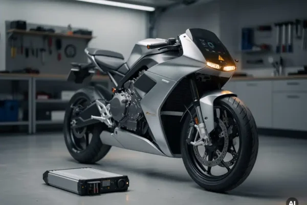 Elektrische motorfiets in moderne garage met uitgenomen accu op de vloer en amber waarschuwingslampje op het dashboard.
