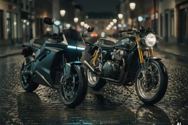 Elektrische motorfiets en klassieke benzinemotor naast elkaar op natte Belgische kasseien, verlicht door warm stadslicht.