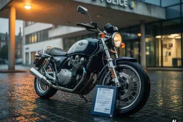 Teruggevonden motorfiets onder luifel van politiebureau op natte kasseien, verzekeringsdocument tegen voorwiel, Belgisch daglicht.