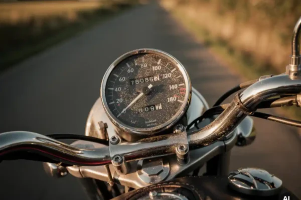 Motorfiets kilometerteller met hoge kilometerstand op een Belgische landweg, warm goudkleurig middaglicht op chroom en zwart leer.