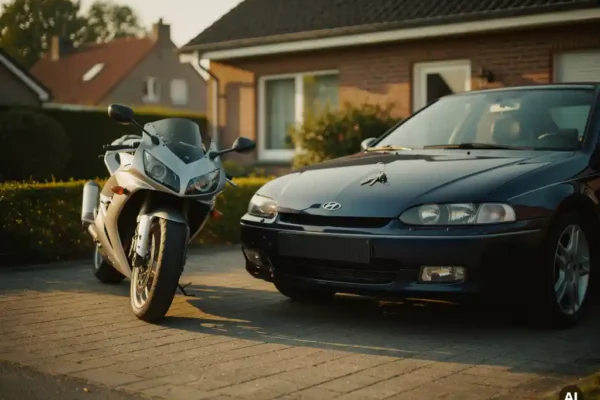 Motorfiets en auto geparkeerd op een zonnige Belgische oprit met autosleutels op de motorkap, zachte middagschaduwen.
