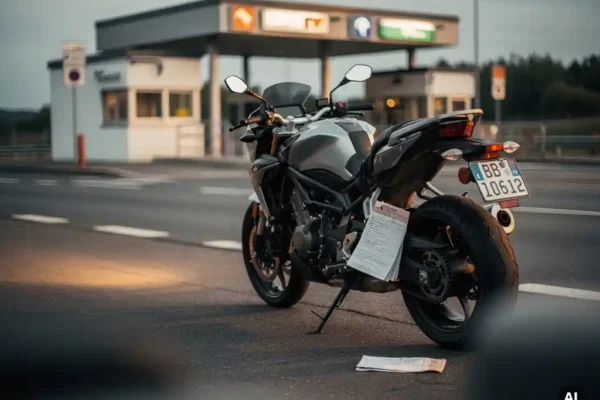 Motorfiets geparkeerd bij een open grensovergang met Belgisch kenteken en verzekeringsdocument, cinematografische sfeer.