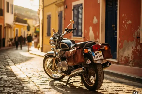 Belgische motorfiets met versleten leren zijkoffers geparkeerd op een zonnig mediterraan kasseienstraatje tijdens het gouden uur.