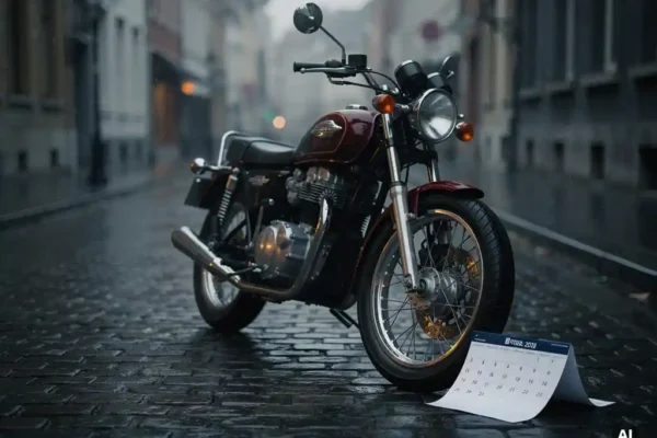 Motorfiets geparkeerd op een regennat Belgisch straatje, met glinsterend chroom en een opkrullende kalenderpagina naast het achterwiel.