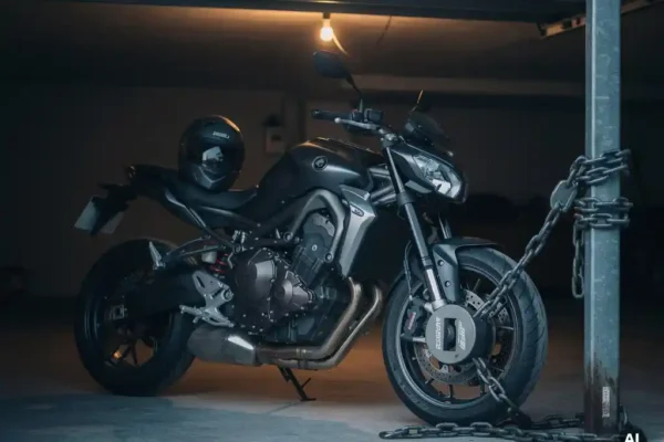 Motorfiets beveiligd met een schijfslot en zware ketting aan een metalen paal in een privégarage, helm op de stoel.