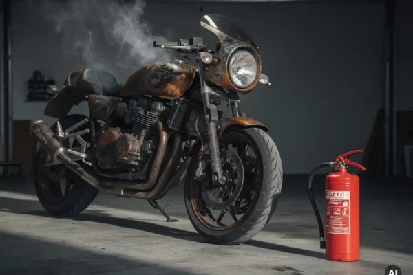 Motorfiets met brandschade en verschroeide lak in donkere garage, rookpluimen bij motor, brandblusser op betonvloer.