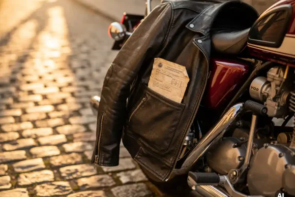 Verweerde leren motorjas over een klassieke toermotor op een Belgische kasseienstraat, buitenlands verzekeringsdocument in zijvak, gouden middaglicht.