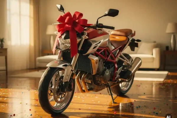 Glanzende motorfiets met grote rode strik om het stuur, geparkeerd in een lichte woonkamer met confetti op de vloer.