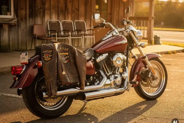 Glanzende motorfiets voor een rustiek clubhuis met geborduurd leren jack over het zadel in warm middagzonlicht.